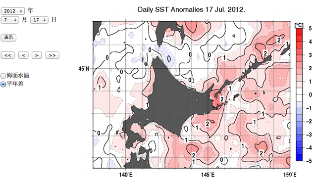 気象庁ウェブサイトより　2012年7月17日　平年海水温との差