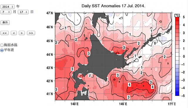 気象庁ウェブサイトより　2014年7月17日　平年海水温との差